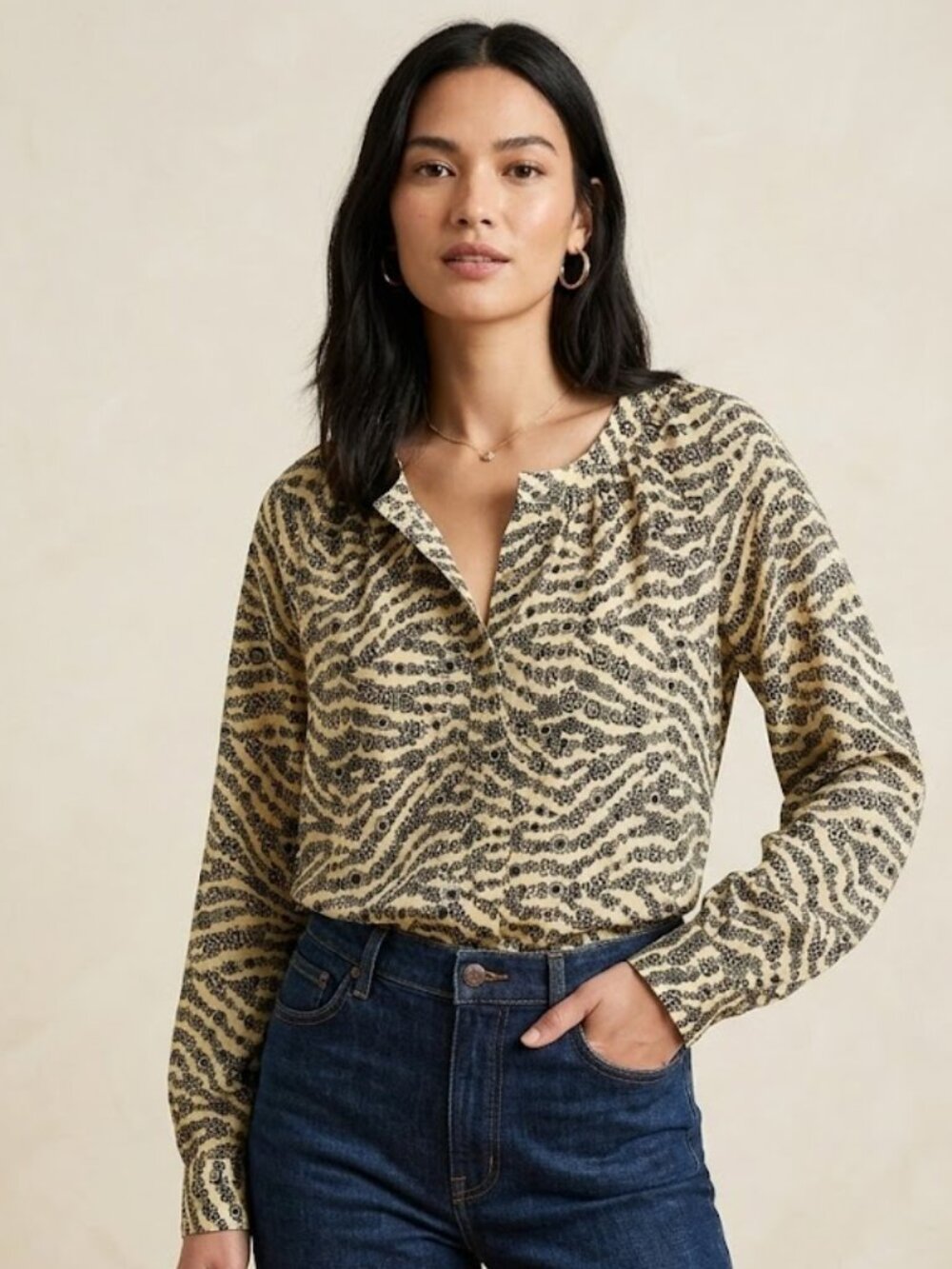 Patterson J. Kincaid Cream and Black Floral Stripe Long-Sleeve Blouse